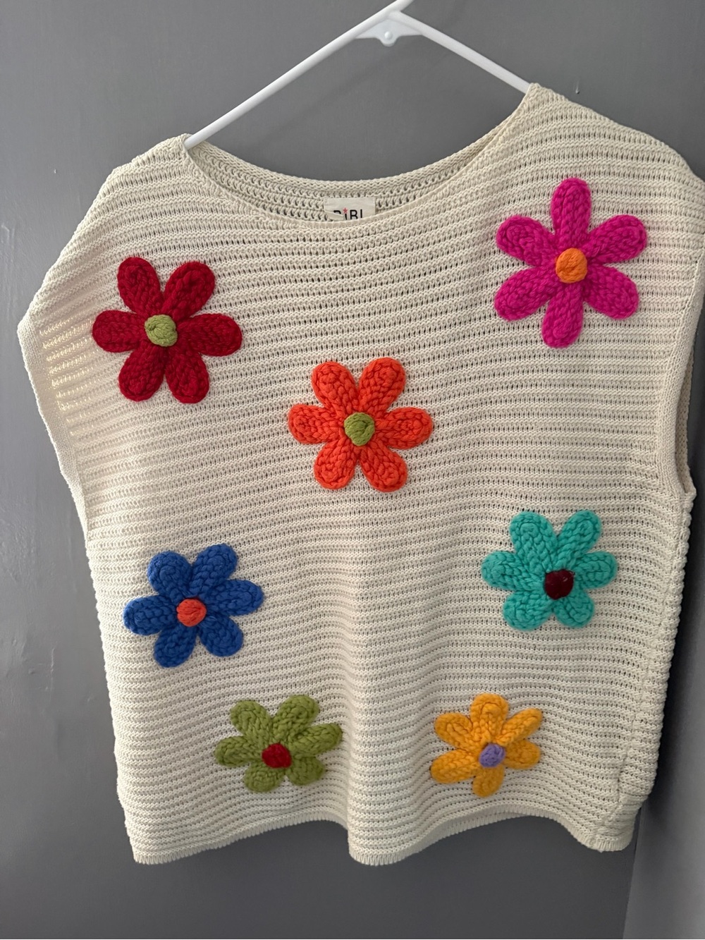 BiBi Cream Crochet Flower Appliqué Sweater Vest with Multicolor Blooms